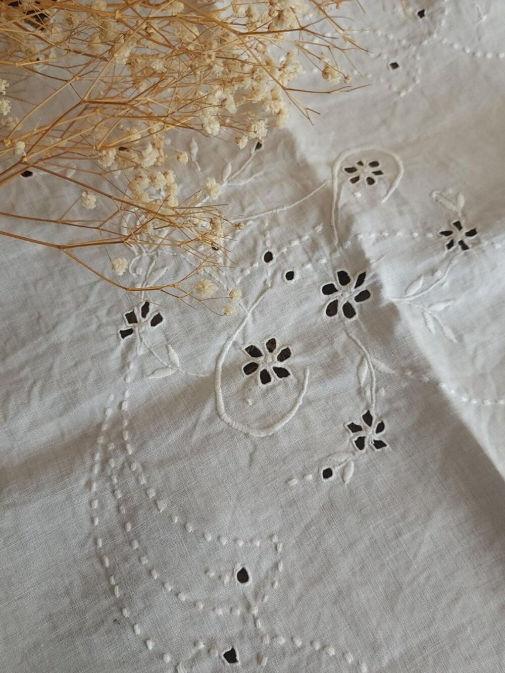 Vintage 1910s Tablecloth, Square Embroidered Basket on Linen, Edwardian Broderie